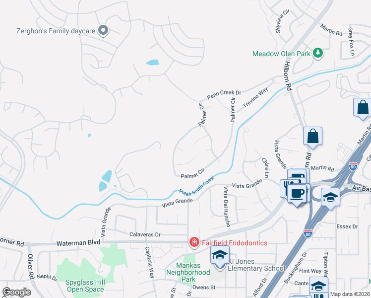 map of restaurants, bars, coffee shops, grocery stores, and more near 2806 Watson Court in Fairfield