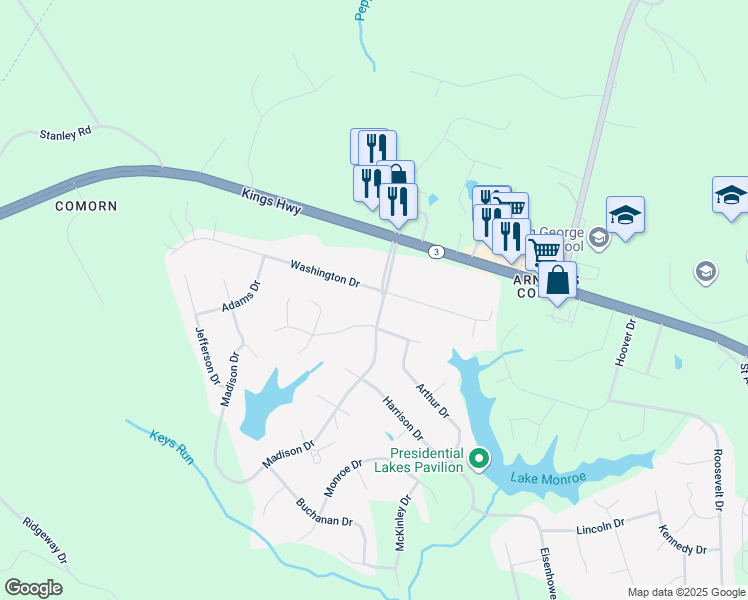 map of restaurants, bars, coffee shops, grocery stores, and more near 10078 Madison Drive in King George