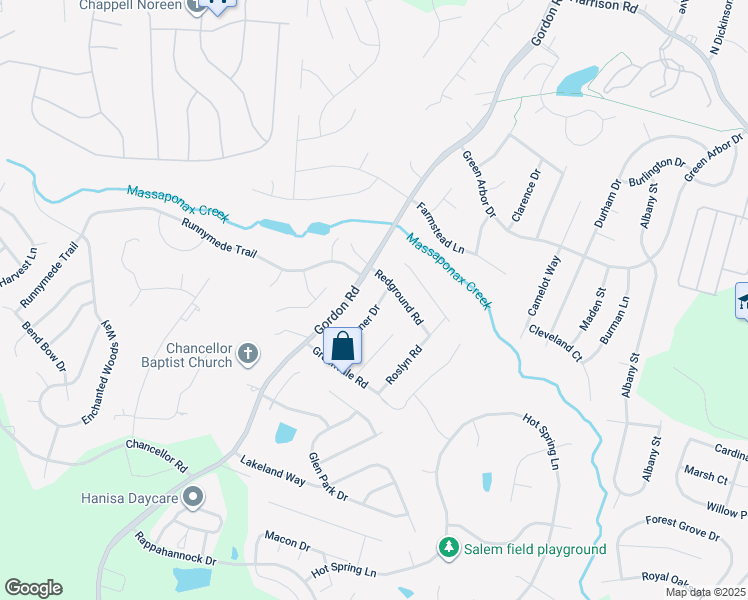 map of restaurants, bars, coffee shops, grocery stores, and more near 11504 Warner Drive in Fredericksburg