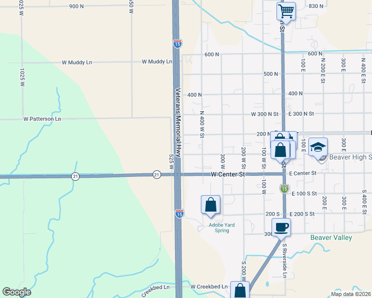 map of restaurants, bars, coffee shops, grocery stores, and more near 190-198 North 500 West Street in Beaver