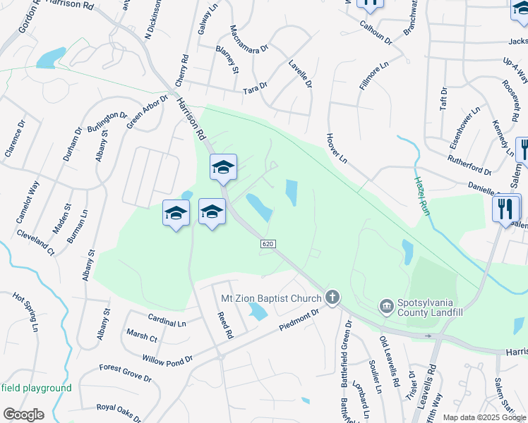 map of restaurants, bars, coffee shops, grocery stores, and more near 6231 Harrison Road in Fredericksburg