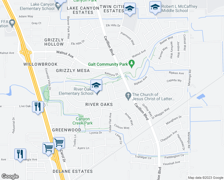 map of restaurants, bars, coffee shops, grocery stores, and more near 714 Benteen Way in Galt