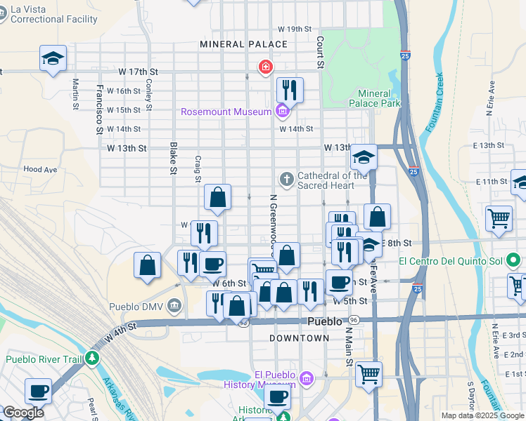 map of restaurants, bars, coffee shops, grocery stores, and more near 908 North Elizabeth Street in Pueblo