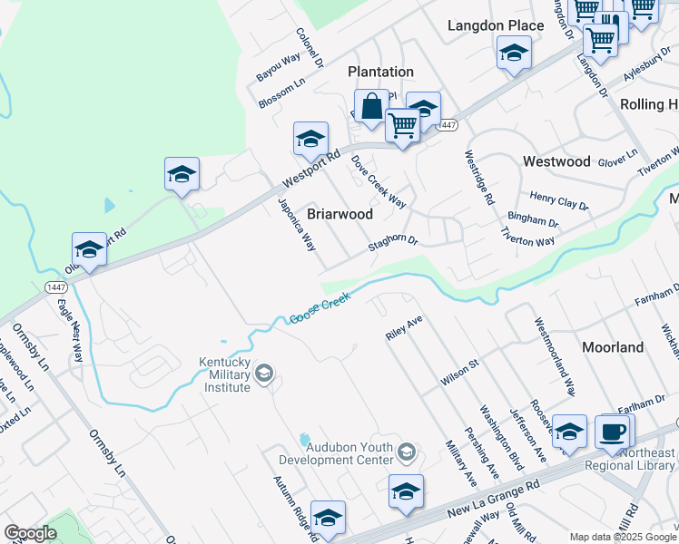 map of restaurants, bars, coffee shops, grocery stores, and more near 8502 Staghorn Drive in Louisville