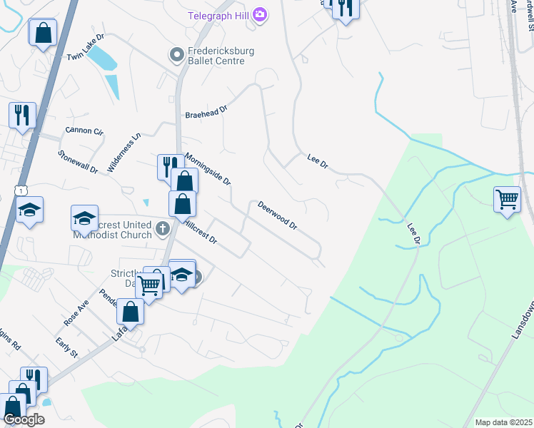 map of restaurants, bars, coffee shops, grocery stores, and more near 410 Deerwood Drive in Fredericksburg