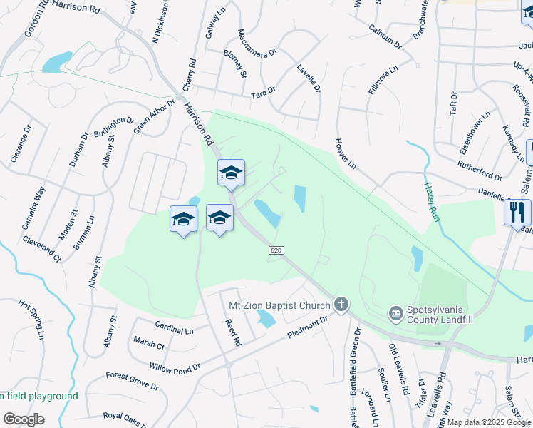 map of restaurants, bars, coffee shops, grocery stores, and more near 6231 Harrison Road in Fredericksburg