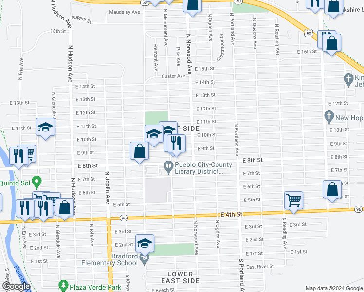 map of restaurants, bars, coffee shops, grocery stores, and more near 1421 East 9th Street in Pueblo