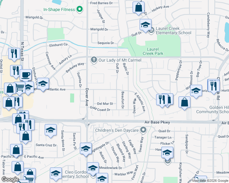 map of restaurants, bars, coffee shops, grocery stores, and more near 2438 Gulf Drive in Fairfield