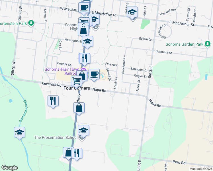 map of restaurants, bars, coffee shops, grocery stores, and more near 203 Napa Road in Sonoma