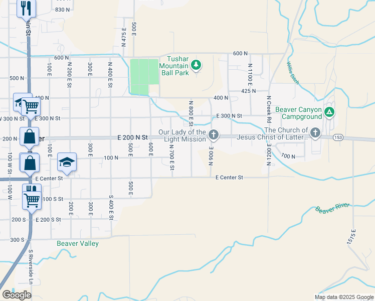 map of restaurants, bars, coffee shops, grocery stores, and more near 141 North 800 East Street in Beaver