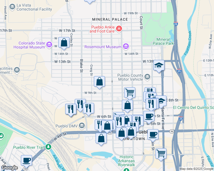 map of restaurants, bars, coffee shops, grocery stores, and more near 631 West 9th Street in Pueblo
