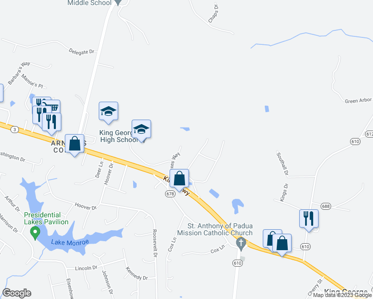 map of restaurants, bars, coffee shops, grocery stores, and more near 10051 Foxes Way in King George