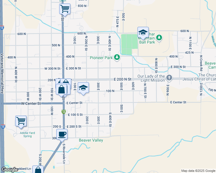 map of restaurants, bars, coffee shops, grocery stores, and more near 145 North 400 East Street in Beaver