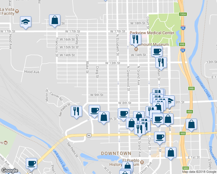 map of restaurants, bars, coffee shops, grocery stores, and more near 699 West 10th Street in Pueblo