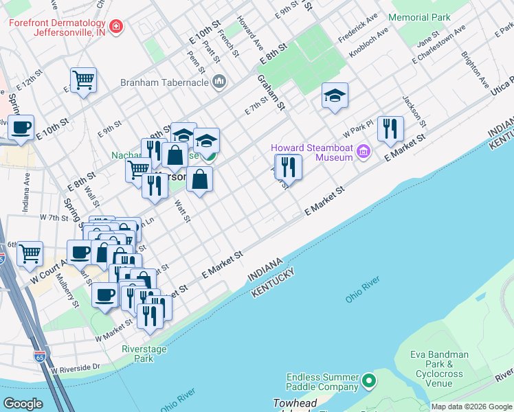 map of restaurants, bars, coffee shops, grocery stores, and more near 704 East Chestnut Street in Jeffersonville