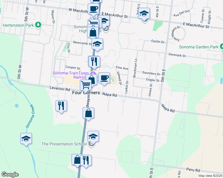 map of restaurants, bars, coffee shops, grocery stores, and more near 203 Napa Road in Sonoma