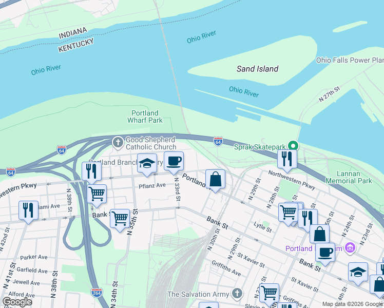 map of restaurants, bars, coffee shops, grocery stores, and more near 3219 Northwestern Parkway in Louisville