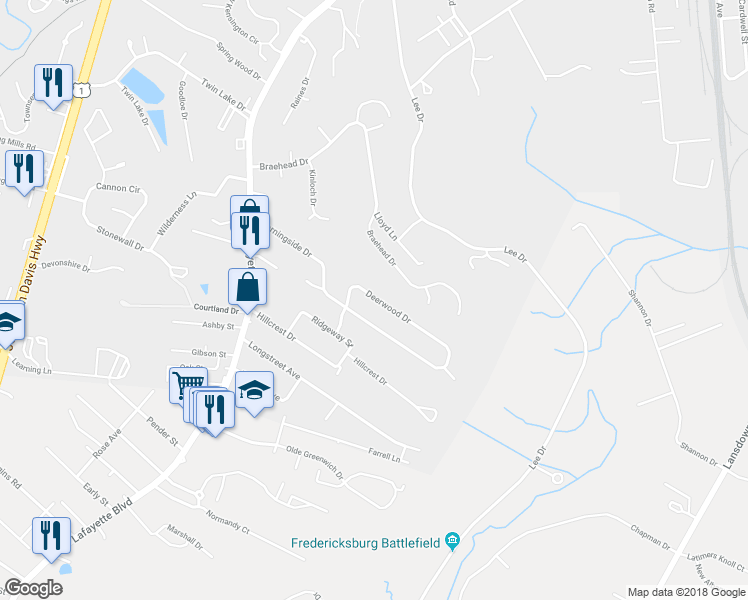map of restaurants, bars, coffee shops, grocery stores, and more near 410 Deerwood Drive in Fredericksburg