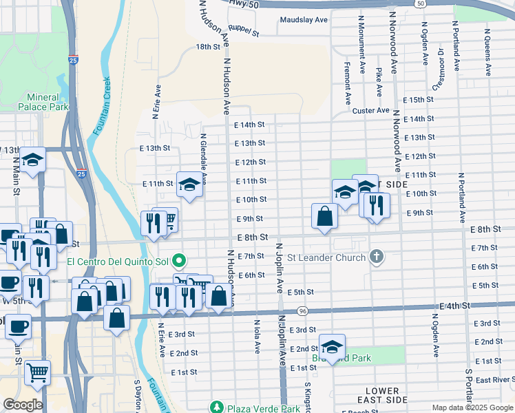 map of restaurants, bars, coffee shops, grocery stores, and more near 916 North Iola Avenue in Pueblo