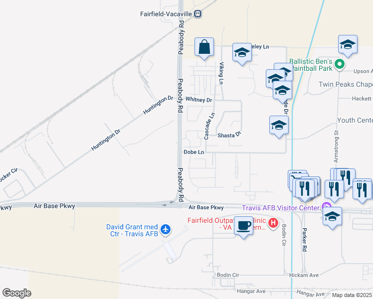 map of restaurants, bars, coffee shops, grocery stores, and more near 52 Chaucer Lane in Fairfield