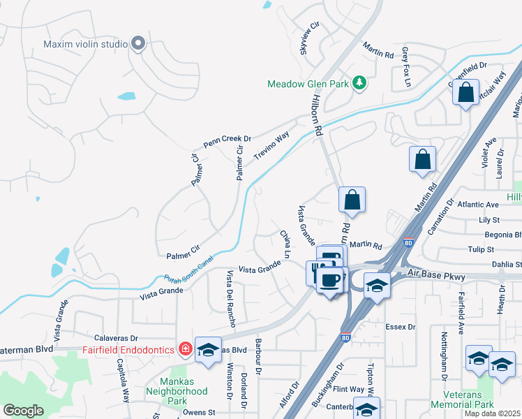 map of restaurants, bars, coffee shops, grocery stores, and more near 2475 10 Gate Road in Fairfield