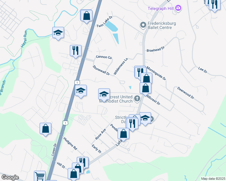 map of restaurants, bars, coffee shops, grocery stores, and more near 117 Courtland Drive in Fredericksburg