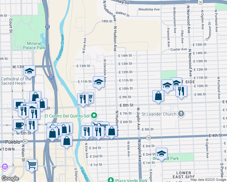 map of restaurants, bars, coffee shops, grocery stores, and more near 820 East 10th Street in Pueblo