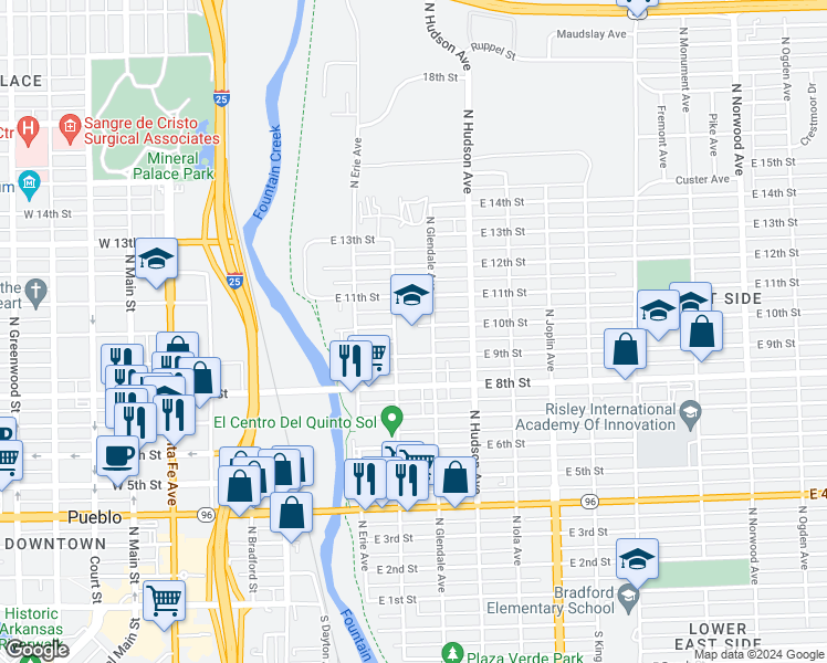 map of restaurants, bars, coffee shops, grocery stores, and more near 925 North Glendale Avenue in Pueblo