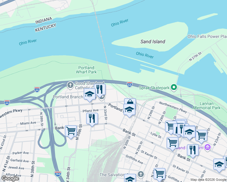 map of restaurants, bars, coffee shops, grocery stores, and more near 3201 Rudd Avenue in Louisville