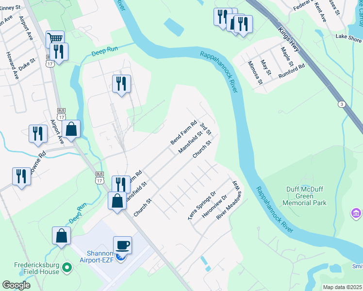 map of restaurants, bars, coffee shops, grocery stores, and more near 204 Mansfield Street in Fredericksburg