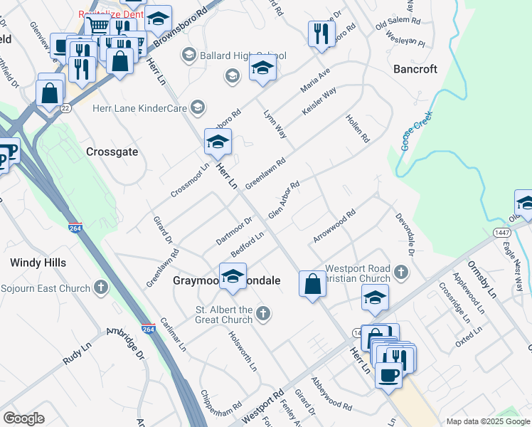 map of restaurants, bars, coffee shops, grocery stores, and more near 1804 Leawood Court in Louisville