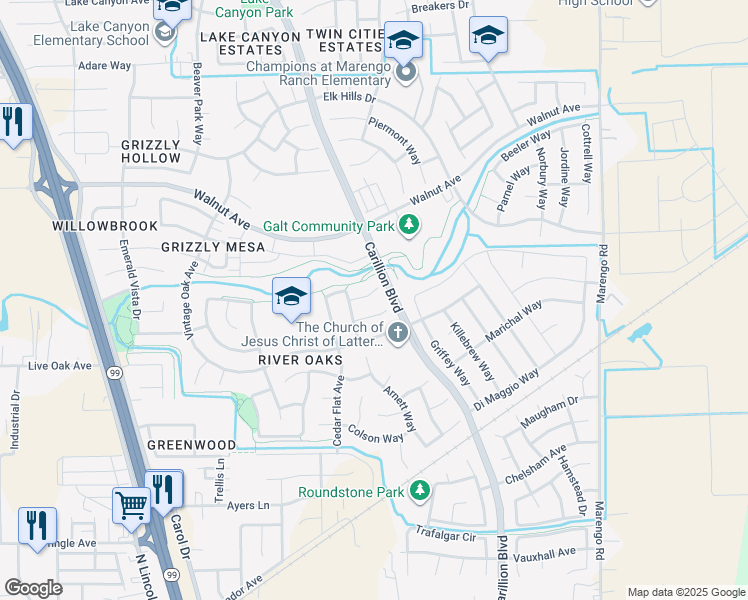 map of restaurants, bars, coffee shops, grocery stores, and more near 973 Lanigan Court in Galt