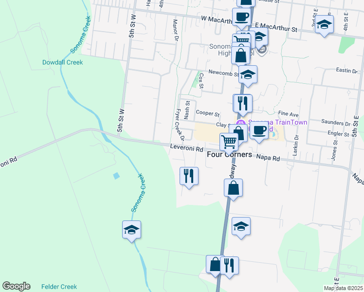 map of restaurants, bars, coffee shops, grocery stores, and more near Leveroni Rd & Fryer Creek Dr in Sonoma