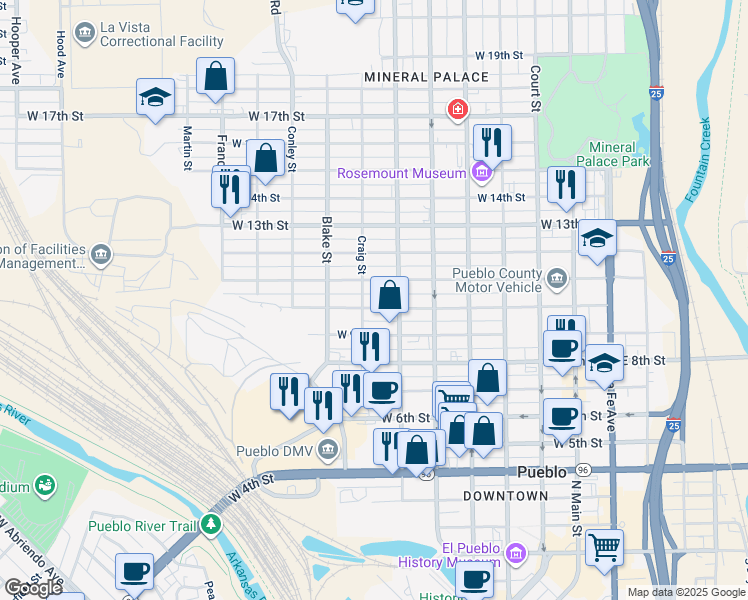 map of restaurants, bars, coffee shops, grocery stores, and more near 724 West 11th Street in Pueblo
