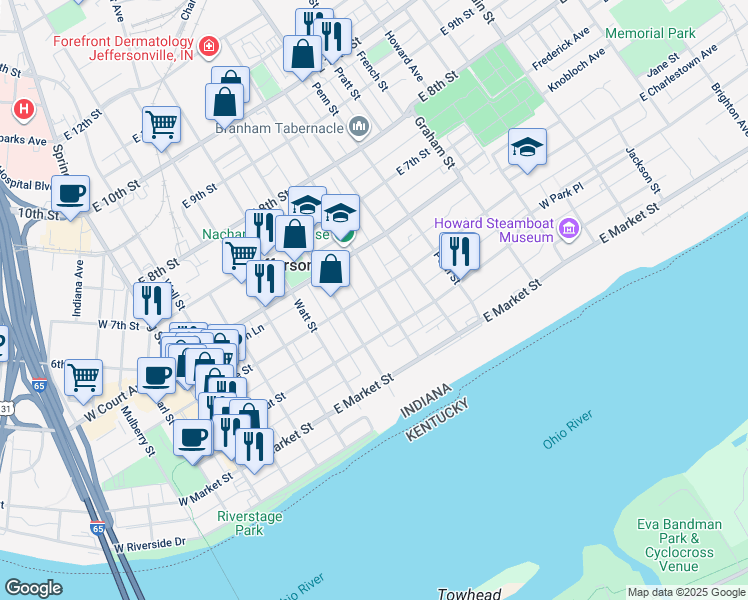 map of restaurants, bars, coffee shops, grocery stores, and more near 629 East Maple Street in Jeffersonville