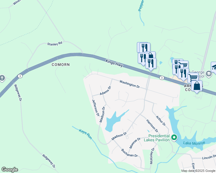 map of restaurants, bars, coffee shops, grocery stores, and more near 10076 Adams Drive in King George