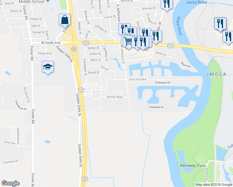 map of restaurants, bars, coffee shops, grocery stores, and more near 1105 Nana Court in Napa