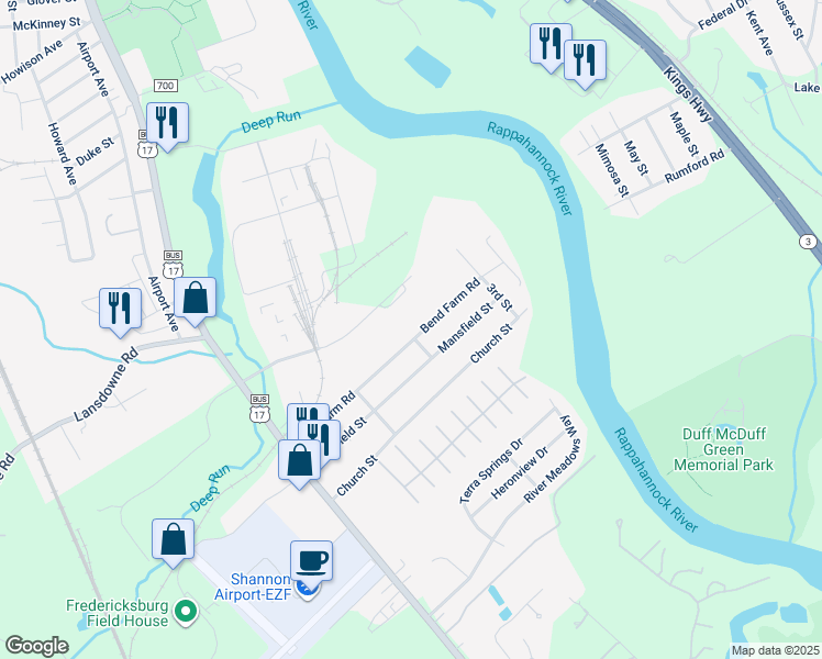 map of restaurants, bars, coffee shops, grocery stores, and more near 192 Bend Farm Road in Fredericksburg