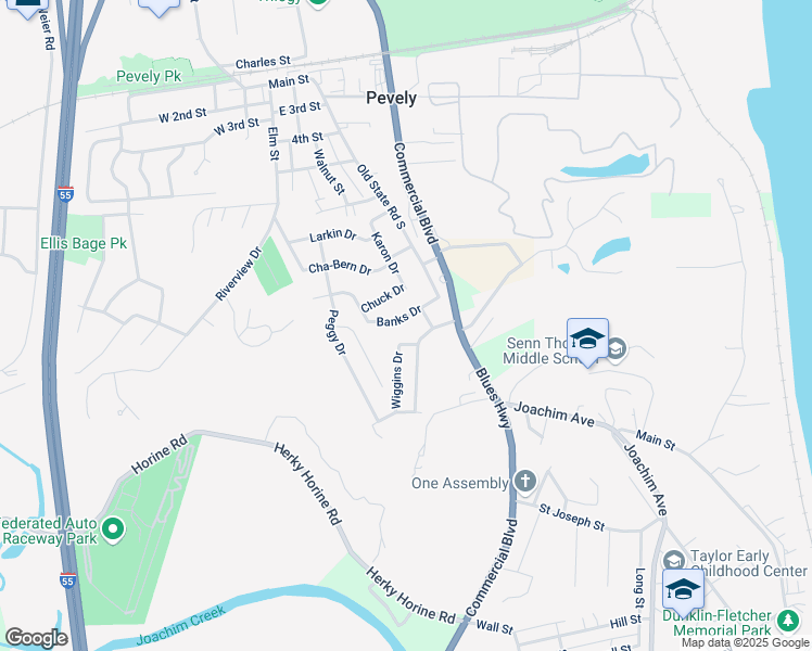 map of restaurants, bars, coffee shops, grocery stores, and more near 621 Banks Drive in Pevely
