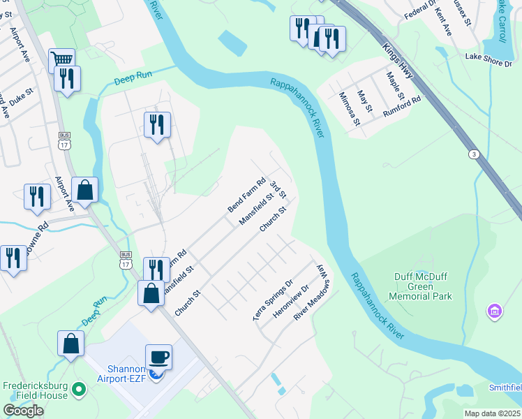 map of restaurants, bars, coffee shops, grocery stores, and more near 219 Mansfield Street in Fredericksburg