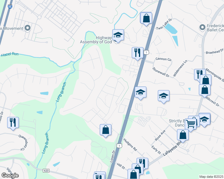 map of restaurants, bars, coffee shops, grocery stores, and more near 4802 Hicks Drive in Fredericksburg