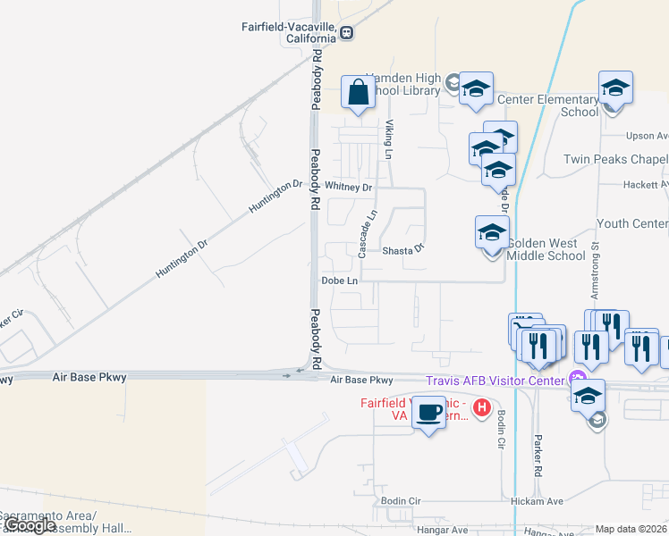 map of restaurants, bars, coffee shops, grocery stores, and more near 40 Manchester Drive in Fairfield