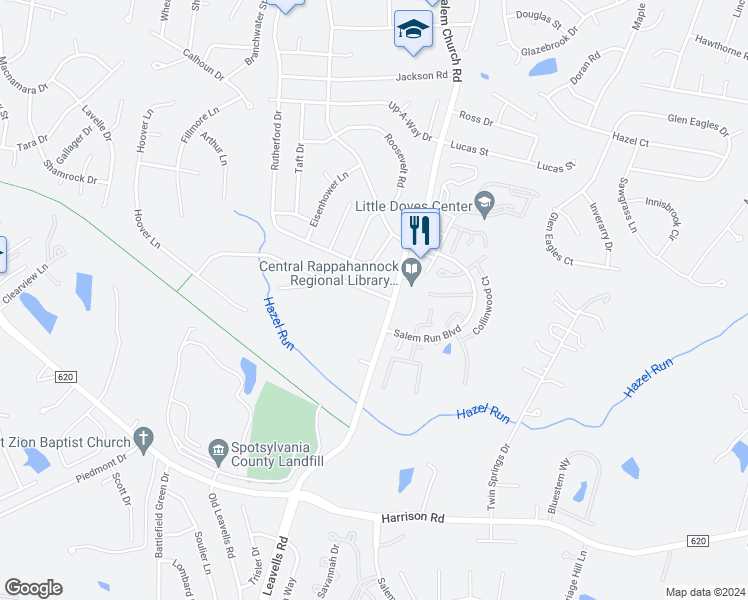 map of restaurants, bars, coffee shops, grocery stores, and more near 5802 Danielle Drive in Fredericksburg