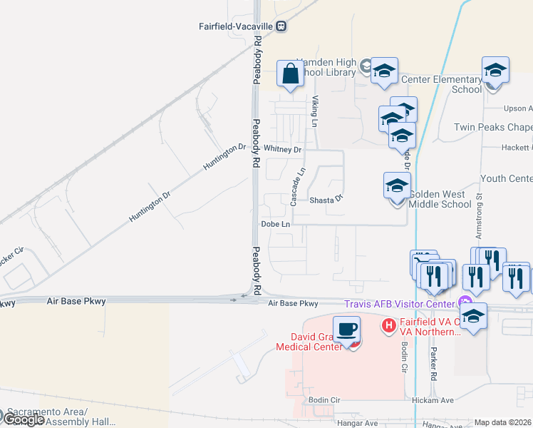 map of restaurants, bars, coffee shops, grocery stores, and more near 68 Manchester Drive in Fairfield