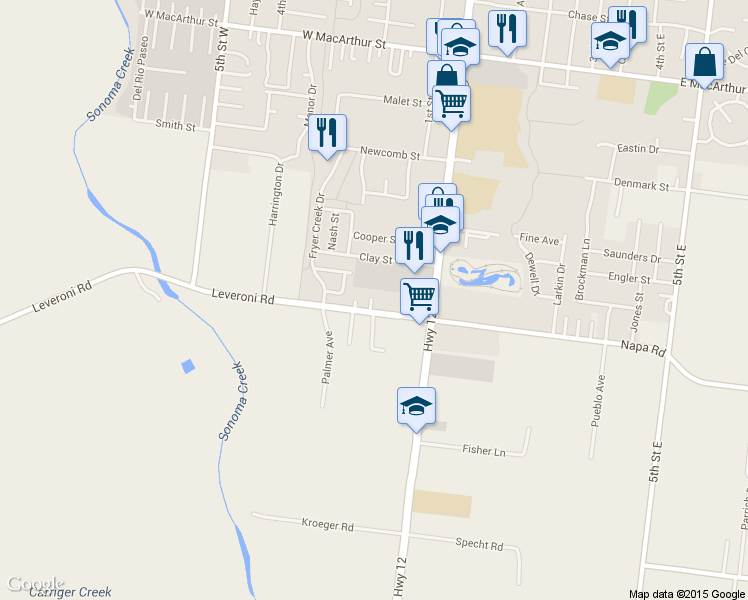 map of restaurants, bars, coffee shops, grocery stores, and more near 1360 Bainbridge Lane in Sonoma