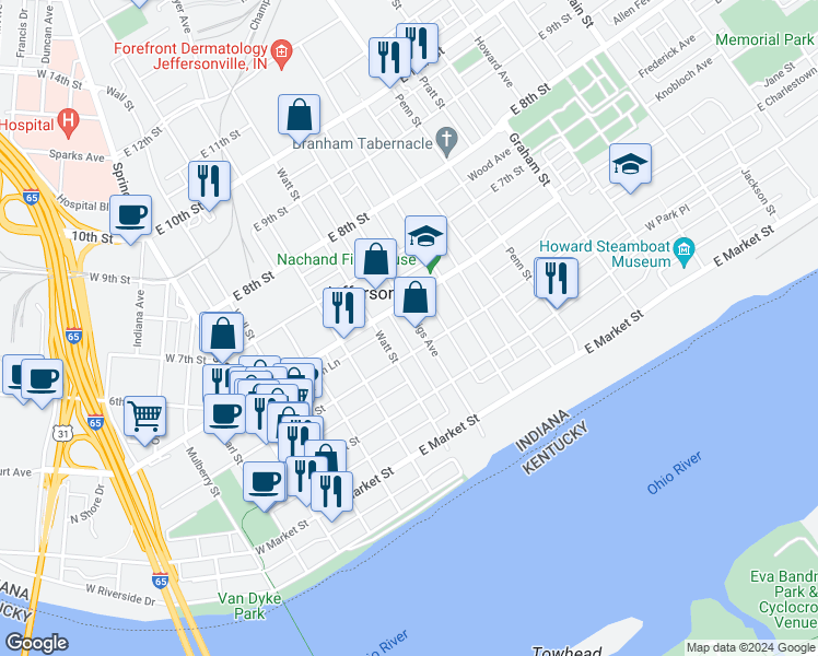 map of restaurants, bars, coffee shops, grocery stores, and more near 426 Meigs Avenue in Jeffersonville