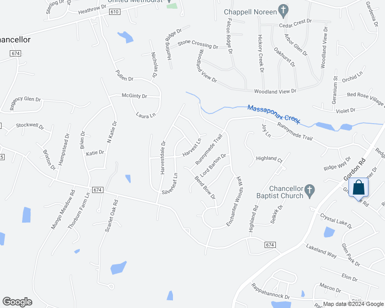 map of restaurants, bars, coffee shops, grocery stores, and more near 7411 Harvest Lane in Fredericksburg