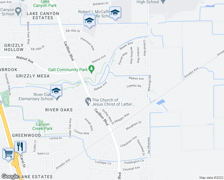 map of restaurants, bars, coffee shops, grocery stores, and more near 788 Whitaker Way in Galt