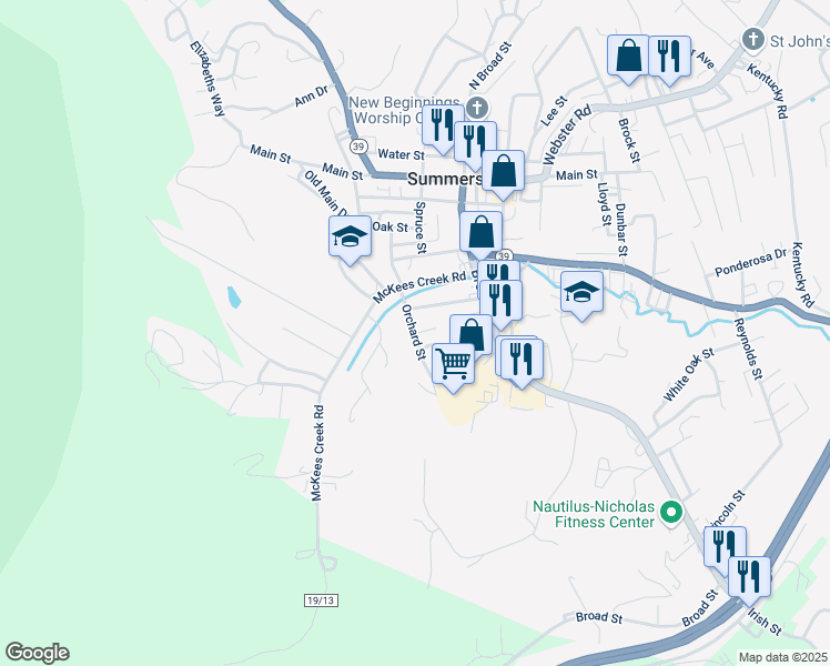 map of restaurants, bars, coffee shops, grocery stores, and more near 703 Orchard Street in Summersville