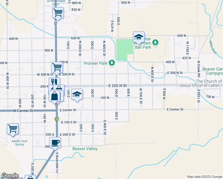 map of restaurants, bars, coffee shops, grocery stores, and more near 401-499 East 200 North Street in Beaver